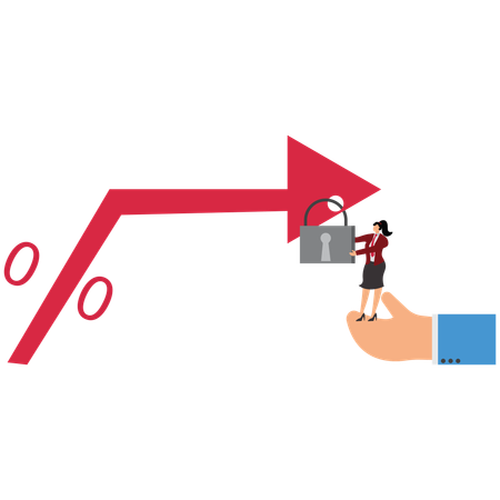 Banker hand put giant padlock on arrow and fixed interest rate  Illustration