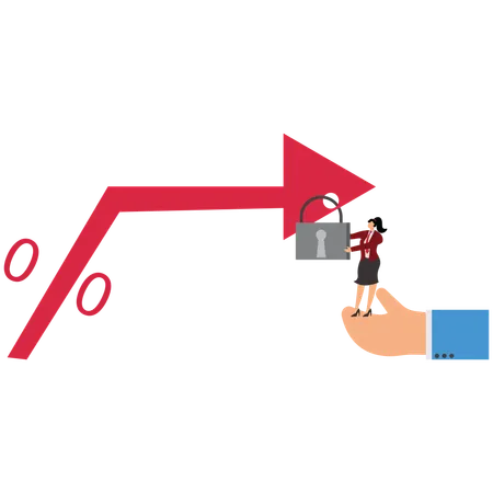Banker hand put giant padlock on arrow and fixed interest rate  Illustration