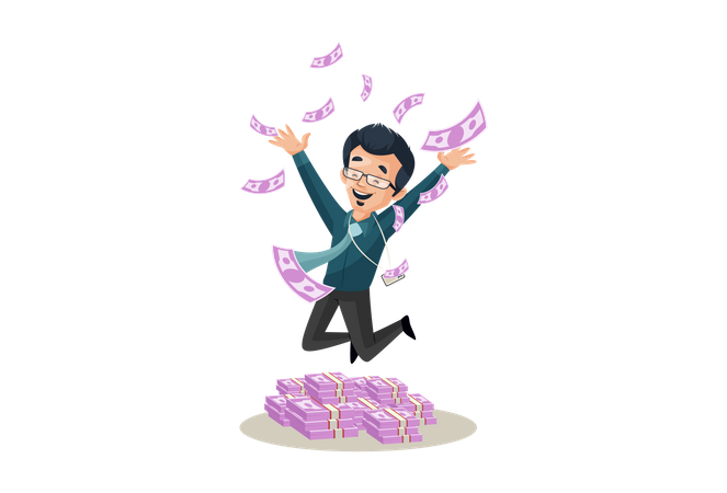 Banker is jumping with money in happiness  Illustration