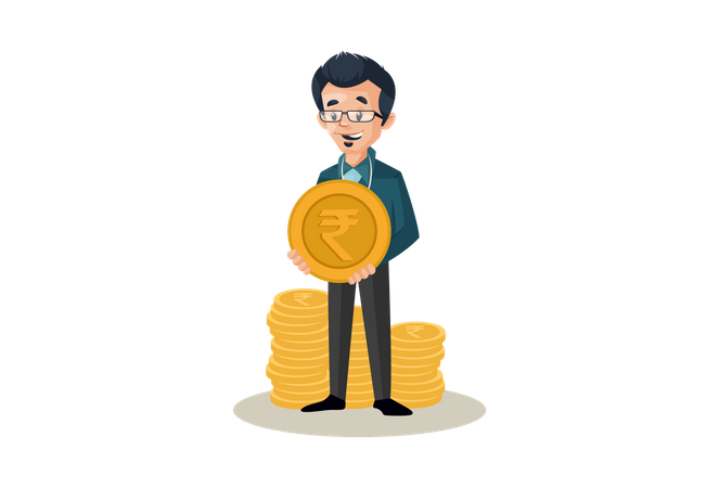 Banker with coins and holding one coin in hand  Illustration