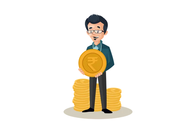 Banker with coins and holding one coin in hand  Illustration