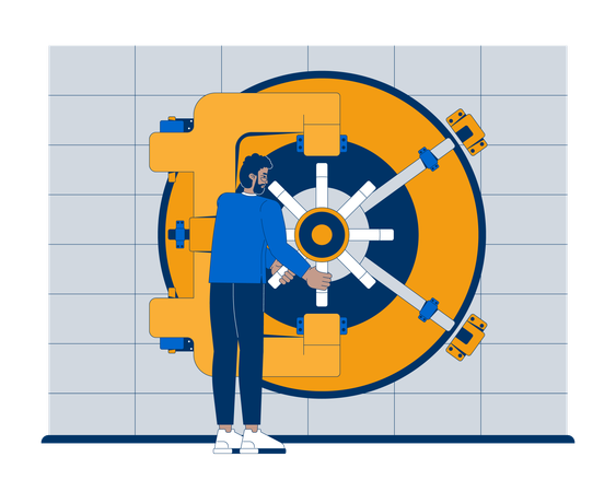 Banking employee turning handle to open bank vault door  Illustration