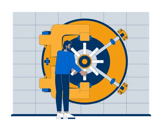 Banking employee turning handle to open bank vault door  Illustration