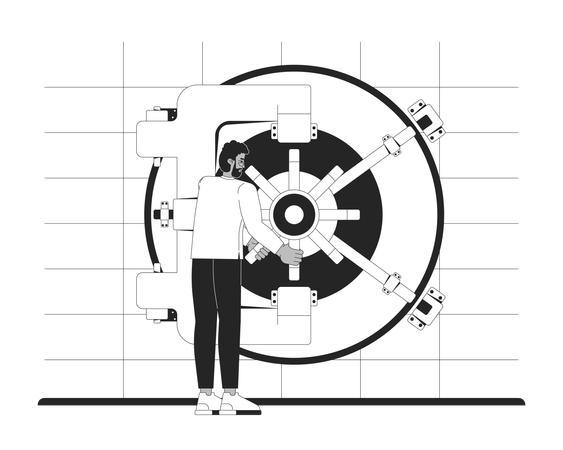 Banking employee turning handle to open bank vault door  Illustration