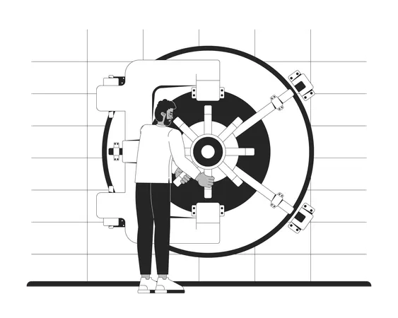 Banking employee turning handle to open bank vault door  Illustration