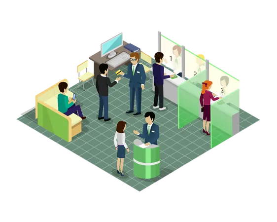 Premises Of The Bank Vector Concept In Isometric Projection Bank Interior With Personal And Clients Illustration For Business And Finance Companies Ad Apps Design Icons Infographics Illustration