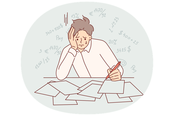 Bankrupt businessman  crying because of financial problems sitting at table with tax documents  Illustration