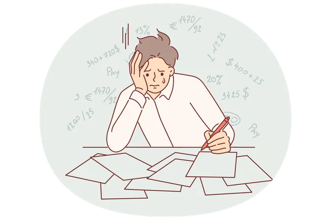 Bankrupt businessman  crying because of financial problems sitting at table with tax documents  Illustration