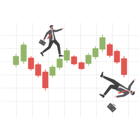 Bankrupt businessman falling down with his stocks crash shares graph  일러스트레이션