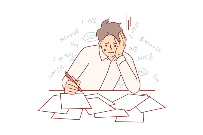 Bankrupt Businessman Crying Because Of Financial Problems Sitting At Table With Documents And Tax Receipts Bankrupt Man Became Victim Economic Crisis And Restrictions On Right To Repurchase Mortgage Illustration