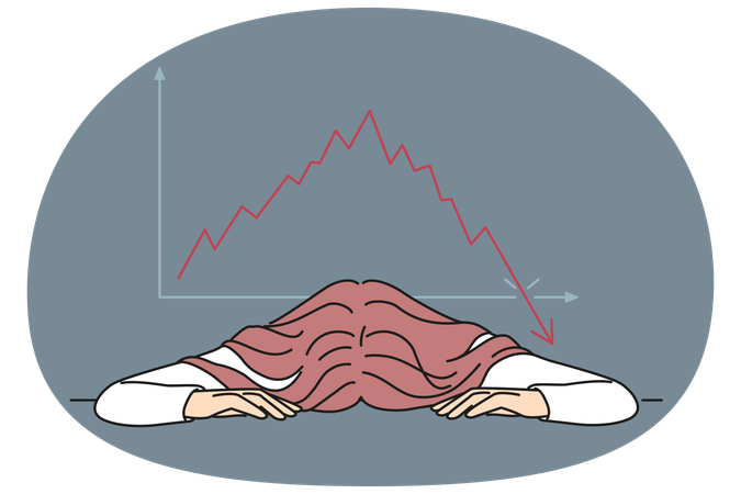 Bankrupt businesswoman put head on table near chart demonstrating crisis fall of stock market  Illustration