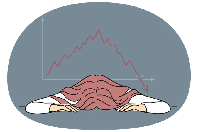Bankrupt businesswoman put head on table near chart demonstrating crisis fall of stock market  Illustration