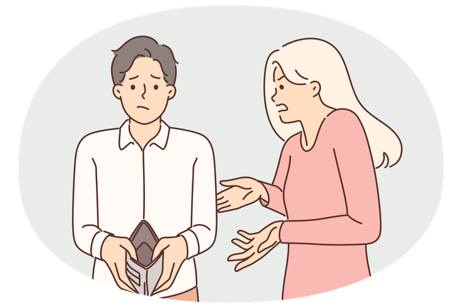 Bankrupt couple of man with empty wallet and flustered young woman asking what to do  Illustration