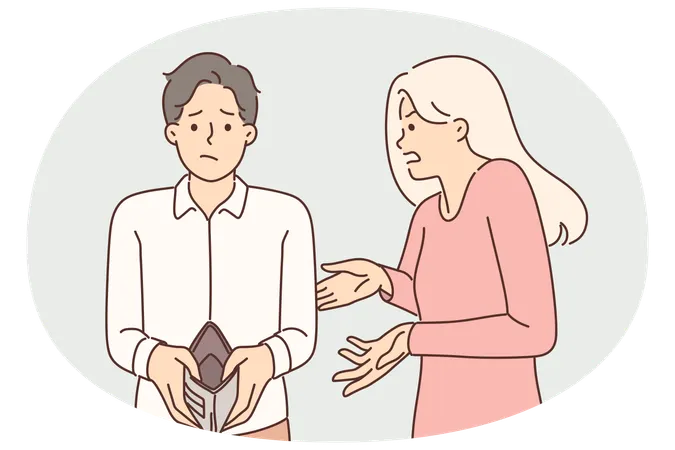 Bankrupt couple of man with empty wallet and flustered young woman asking what to do  Illustration