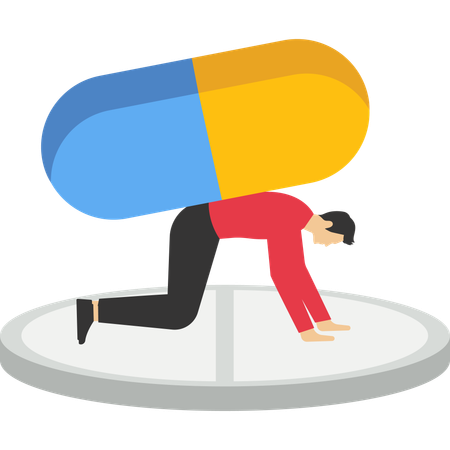 Bankrupt man carrying giant medicine debt burden  Illustration