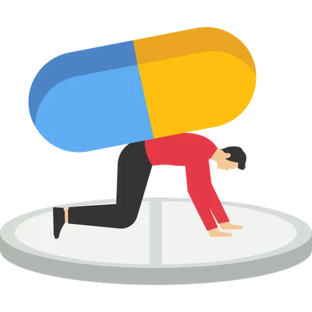 Bankrupt man carrying giant medicine debt burden  Illustration
