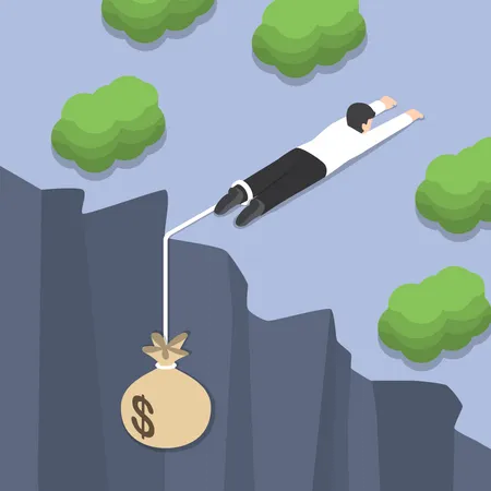 Isometric Businessman Holding On The Cliff Edge With Money Bag Tied On His Leg Bankruptcy Liabilities Financial Crisis Concept Illustration
