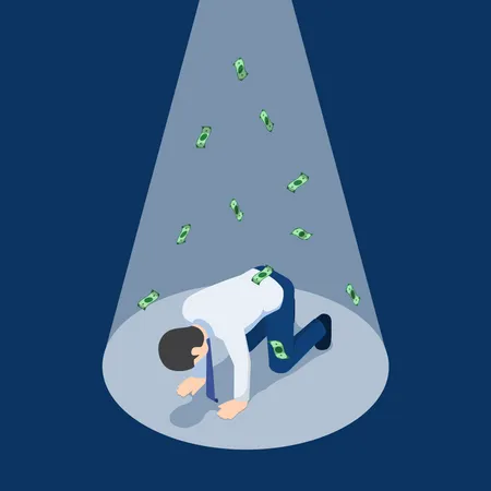 Flat 3 D Isometric Depressed Businessman Kneeling Under The Spotlight With Money Banknote Bankruptcy And Business Failure Concept Illustration