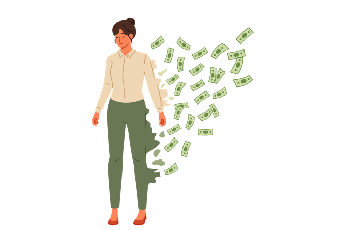 Bankruptcy of business woman falling apart into banknotes  Illustration