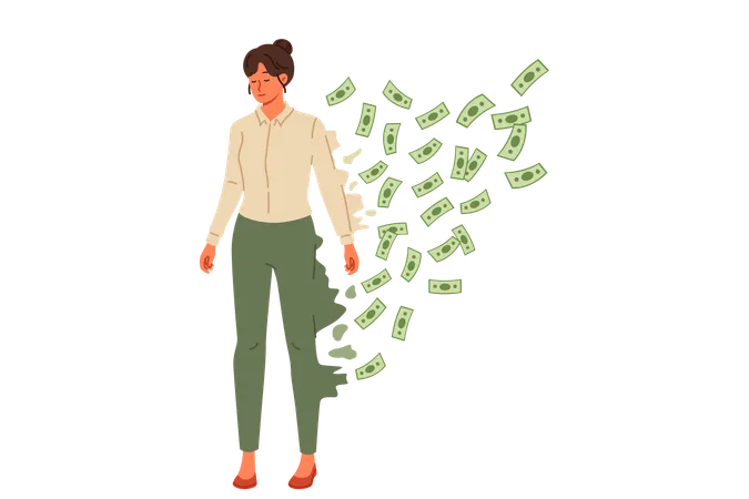 Bankruptcy of business woman falling apart into banknotes  Illustration