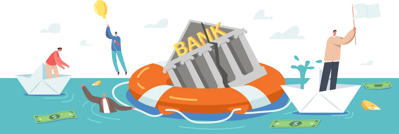 Bankruptcy Sinking Bank Trying to Survive in Crisis Illustration