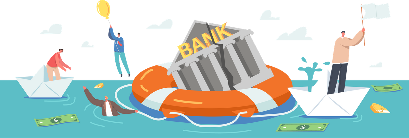 Bankruptcy Sinking Bank Trying to Survive in Crisis  Illustration