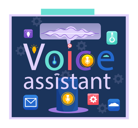 Pancarta del asistente de voz. Altavoz inteligente con inscripción de vector plano de reconocimiento de voz para sitios web  Ilustración