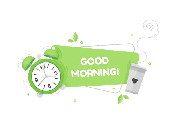 Bom Dia Banner Com Despertador E Xicara De Cha Ou Cafe Verde Projeto Plano Ilustração