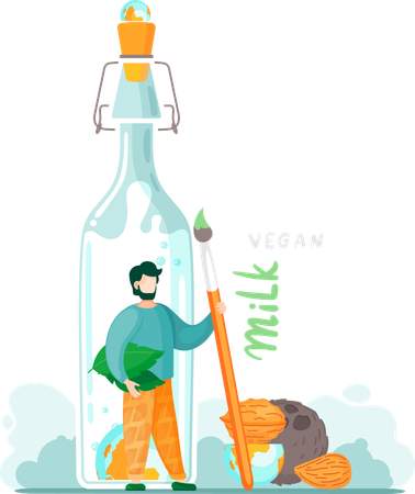 Banner de substituição de leite vegano à base de plantas com leite em garrafa  Ilustração