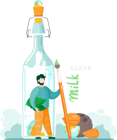 Banner de substituição de leite vegano à base de plantas com leite em garrafa  Ilustração