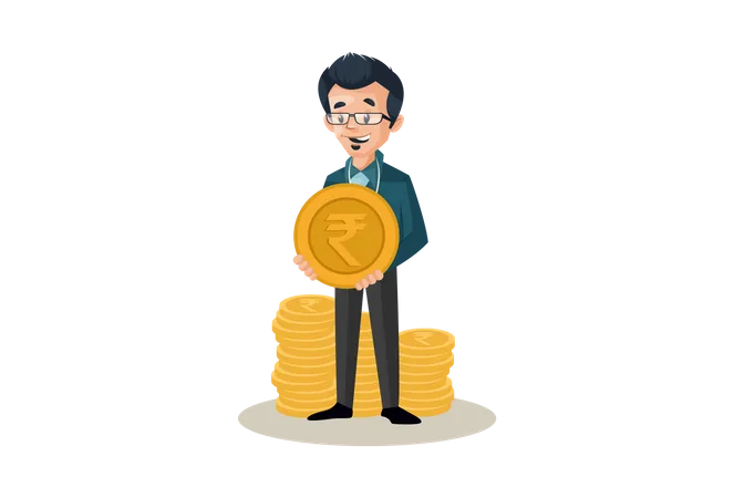 Banquier avec des pièces de monnaie et tenant une pièce de monnaie en main  Illustration