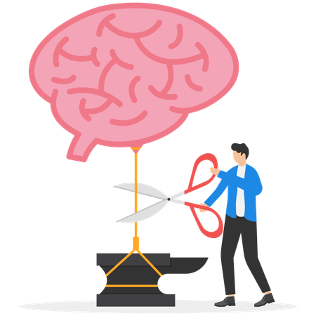 Un banquier utilise des ciseaux pour couper un cerveau dans le ciel  Illustration