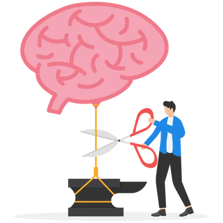 Un banquier utilise des ciseaux pour couper un cerveau dans le ciel  Illustration