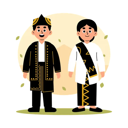 Illustration Of A Man And Woman Dressed In Traditional Banten Clothing Showcasing The Rich Cultural Heritage Of Indonesia Illustration