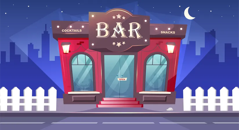 Bar At Nighttime Flat Color Vector Illustration Local Cafe With Sidewalk At Night Luxury Pub Exterior Place For Drinks Red Brick Building Urban 2 D Cartoon Cityscape With Nobody On Background Illustration