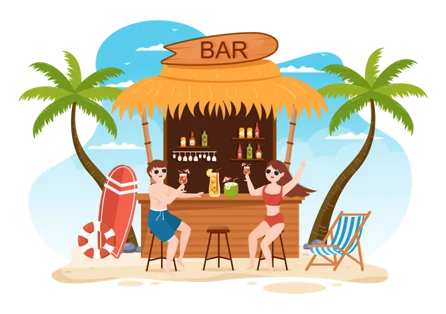Bar de coquetéis tropicais que serve sucos de frutas alcoólicas  Ilustração