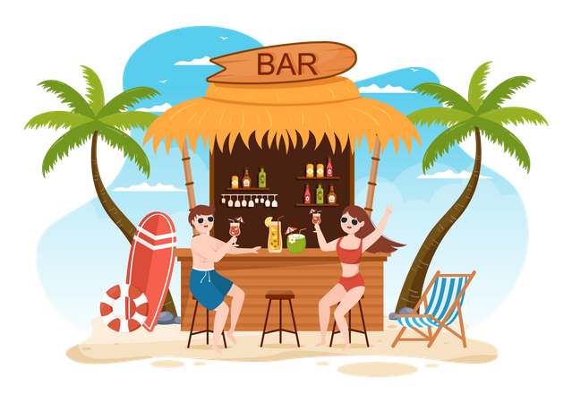 Bar de cócteles tropicales que sirve bebidas alcohólicas de jugos de frutas  Ilustración