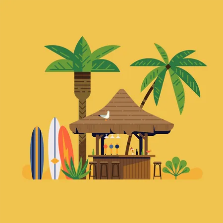 Bar de praia tropical com frente para a praia  Ilustração