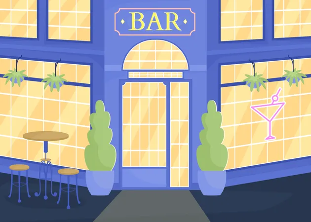 Popular Bar On Night City Street Flat Color Vector Illustration Pub Waiting For Guests Fully Editable 2 D Simple Cartoon Cityscape With Lit Building Facade On Background Cardo Font Used Illustration