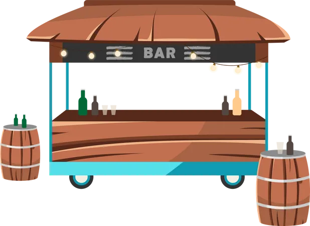 Bar Food Truck Flat Vector Illustration Cocktail Lounge Food Court Saloon Service On Wheels Drinkery Car Alcohol Selling Trailer Barrels Tables Isolated On White Background Illustration
