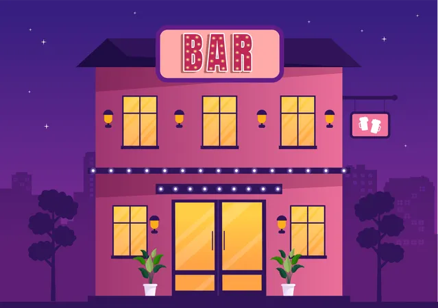 Edificio De Bar O Pub Con Vista Nocturna Al Exterior Del Cafe En Una Ilustracion De Dibujos Animados Planos Ilustración