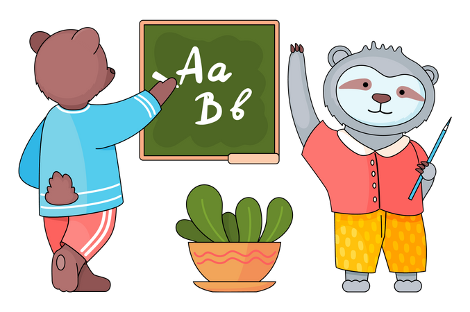 Bär schreibt mit Kreide auf der Schulbank  Illustration