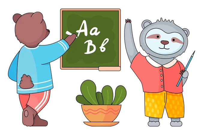 Bär schreibt mit Kreide auf der Schulbank  Illustration