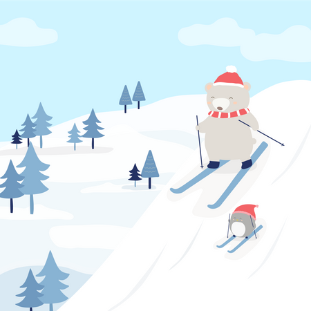 Bär und Pinguin beim Skifahren im Schnee  Illustration