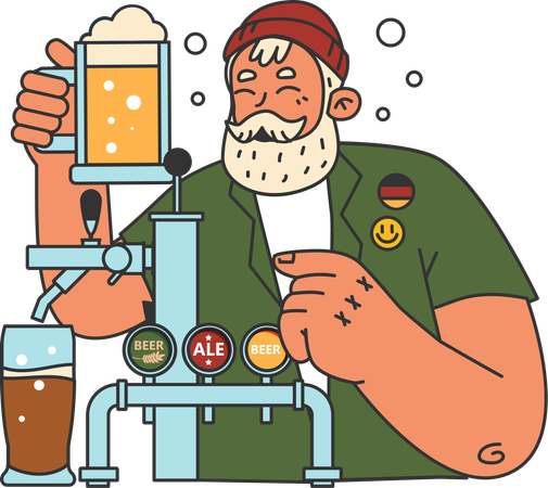 Hombre de barba haciendo cerveza  Ilustración