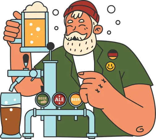 Hombre de barba haciendo cerveza  Ilustración