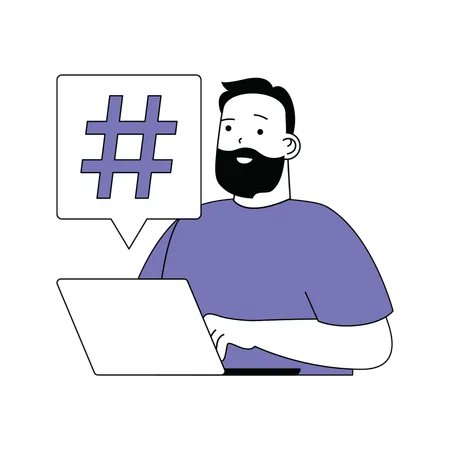 Homem barbudo digitando hashtag  Ilustração