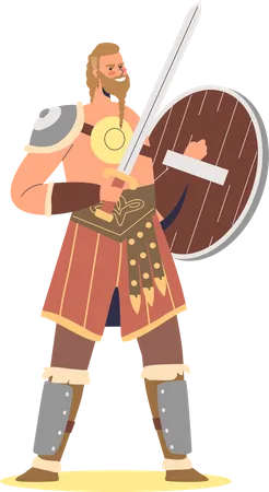 Barbarian Viking warrior holding sward and shield  Illustration