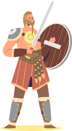 Guerreiro viking bárbaro segurando pasto e escudo  Ilustração