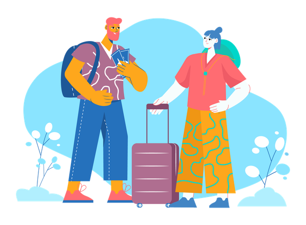 Homme barbe et jeune femme partant en voyage  Illustration